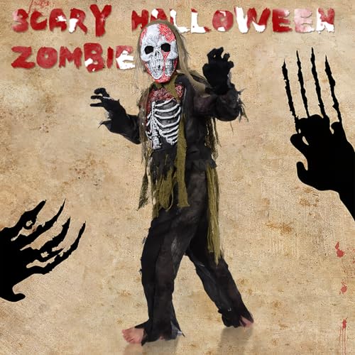 Ulikey Disfraz Zombie Niño, Conjunto de Disfraz de Zombie Esqueleto de Halloween Aterrador, Traje Esqueleto Niño con Juguetes de Motosierra, Guantes de Esqueleto, Máscara de Zombie (L)