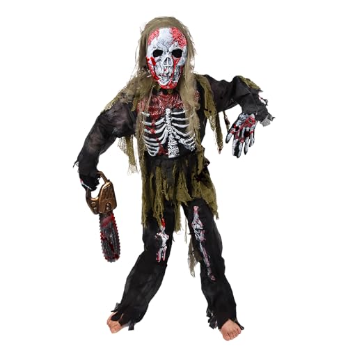 Ulikey Disfraz Zombie Niño, Conjunto de Disfraz de Zombie Esqueleto de Halloween Aterrador, Traje Esqueleto Niño con Juguetes de Motosierra, Guantes de Esqueleto, Máscara de Zombie (L)