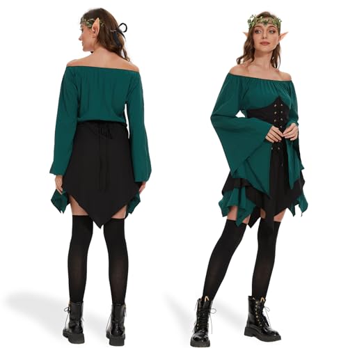 Ulikey Vestido Tradicional Irlandés para Mujer, Vestido Medieval para Mujer, Vestido Gótico para Mujer Disfraz de Halloween con Orejas de Elfo, Adorno de Pelo, Calcetines Overknee