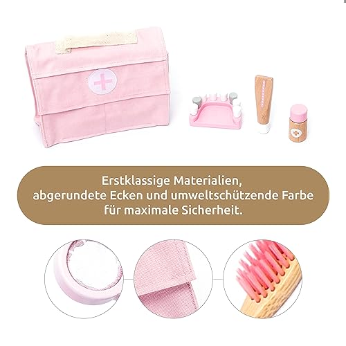 UMU® Maletín Medico de Madera para niños con Estetoscopio, esfigmomanómetro, Kit de Dentista, etc., Juego de Doctora Juguetes, maletín medicos Juguete de 18 Piezas para niños y niñas de 3, 4, 5 - Rosa