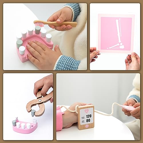 UMU® Maletín Medico de Madera para niños con Estetoscopio, esfigmomanómetro, Kit de Dentista, etc., Juego de Doctora Juguetes, maletín medicos Juguete de 18 Piezas para niños y niñas de 3, 4, 5 - Rosa