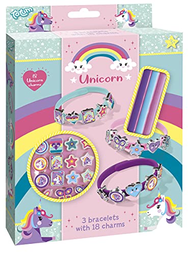 Unicorn - Juego de pulseras para manualidades (3 colores diferentes, 18 bonitos colgantes con diferentes motivos de unicornio), 21 Stück (1er Pack), Plástico