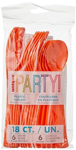 Unique Party - Juego de Cubiertos Reutilizables de Plástico - Color Naranja - 18 Piezas (39500)