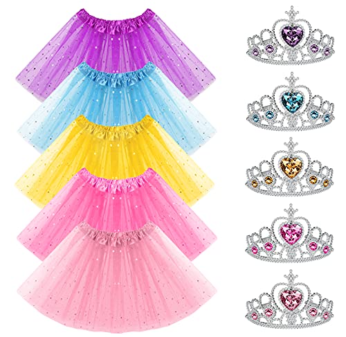 URAQT Disfraz de Princesa para Niña, 5pcs Tutu Fiesta de Baile con 5 Corona de Princesa, Cintura Elástica Layered Falda de Baile de Princesa, Disfraz de Fiesta para Danza Rendimiento Ballet 3-8 años