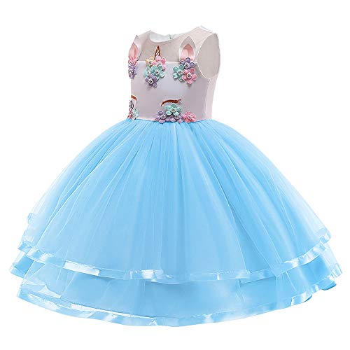 URAQT Disfraz Unicornio Niña, 3pcs Disfraz Princesa Niña con Vestidos Unicornio Niña, Diadema y Collar, Disfraz Niña para Diario o Cosplay, Disfraz Halloween Niña para Carnaval Fiesta Boda, 120cm