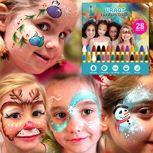 URAQT Pintura Cara Halloween, 28 Colores Crayones de Pintura Facial Niños de Seguridad No Tóxica, Pintura Corporal para Barriga Embarazada, Kit Maquillaje Halloween Festival Fiesta Cosplay Navidad