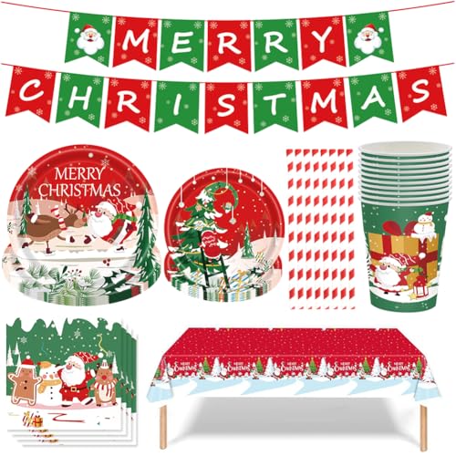 UZSXHJ Vajilla para Fiestas Temáticas De Navidad,77pcs Vajilla Navideña De Papel,Juego De Vajilla De Fiesta De Navidad,Decoración Fiesta Navidad para Niños Adultos,Platos De Papel De Navidad Y Tazas