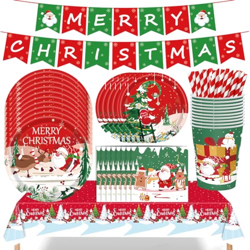 UZSXHJ Vajilla para Fiestas Temáticas De Navidad,77pcs Vajilla Navideña De Papel,Juego De Vajilla De Fiesta De Navidad,Decoración Fiesta Navidad para Niños Adultos,Platos De Papel De Navidad Y Tazas