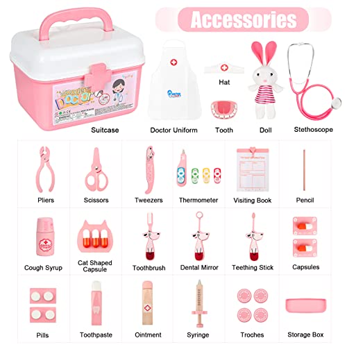 Vanplay Madera Doctora Juguetes Maleta Médica con Rosa Medico Kit Regalo para Niños 3 4 5 Años, 43PCS