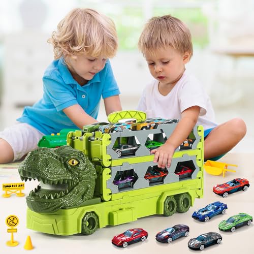 VATOS Transporte Truck Juguetes Coches para Niños Edad 3 4 5 6 7, Juguete Portátil de Dinosaurio Pista de Carreras Camión Juguete con 6 Coche de Carreras, Transportador Camión Vehículos Juego de