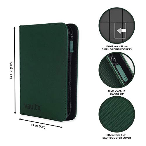 Vault X Carpeta Exo-Tec Premium Zip - Álbum de 4 Bolsillos para Cartas Coleccionables - 160 Bolsillos de Inserción Lateral con una Cremallera para TCG (Verde)