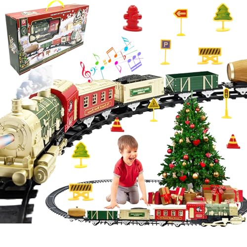 VEEKAY Tren Juguete para Niños, Juegos De Trenes De Vapor, Tren de Navidad Eléctrico, Tren Electrico Locomotora de Vapor con Ahumado,Luces y Sonido, Tren Clásico Infantil con Vagones de Carga y Pistas