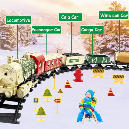 VEEKAY Tren Juguete para Niños, Juegos De Trenes De Vapor, Tren de Navidad Eléctrico, Tren Electrico Locomotora de Vapor con Ahumado,Luces y Sonido, Tren Clásico Infantil con Vagones de Carga y Pistas