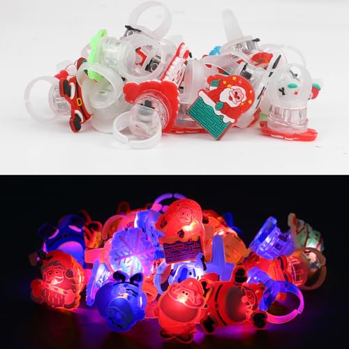 VEYLIN Juguetes de anillo con luz de Navidad, 24 piezas de anillos brillantes de Papá Noel para niños, juguetes de fiesta de Navidad