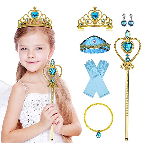 Vicloon Princesa Accesorios, 6Pcs Conjunto con Accesorios de Elsa, Princesa Jasmine Cosplay, Guantes, Varita, Corona, Collar, Pendientes y Venda, para Halloween, Navidad Fiestas, Cumpleaños, 2-9 Años