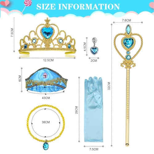 Vicloon Princesa Accesorios, 6Pcs Conjunto con Accesorios de Elsa, Princesa Jasmine Cosplay, Guantes, Varita, Corona, Collar, Pendientes y Venda, para Halloween, Navidad Fiestas, Cumpleaños, 2-9 Años