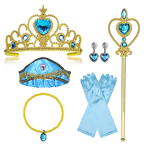 Vicloon Princesa Accesorios, 6Pcs Conjunto con Accesorios de Elsa, Princesa Jasmine Cosplay, Guantes, Varita, Corona, Collar, Pendientes y Venda, para Halloween, Navidad Fiestas, Cumpleaños, 2-9 Años