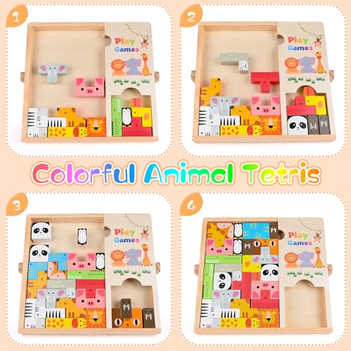 Victse Tetris Puzzle Niño, Montessori Juegos Juguetes Niños 3 4 5 6 Años, Colorido Patrón Animal Bloques Puzzle Madera, 3D Juguete Rompecabezas Niños, Regalos Cumpleaños Niños Niña Niño 3-6 Años