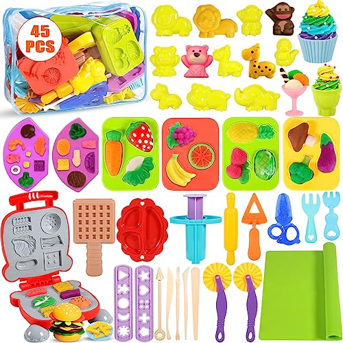 VIPNAJI Juego de Plastilina, Herramientas Plastilina para Niños, 45 Piezas de Moldes plastilina para Crear Hamburguesa,Pizza y Pasta, Accesorios de Arcilla de Modelado,con Bolsa de Almacenamiento