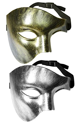 VKI® 2 Piezas Máscara Fantasma, La Máscara De Baile De Máscaras De La Ópera Medio Rostro Para Hombres, Máscaras De Carnaval Vintage Disfraz De Rostro Traje De Carnaval, Oro Y Plata