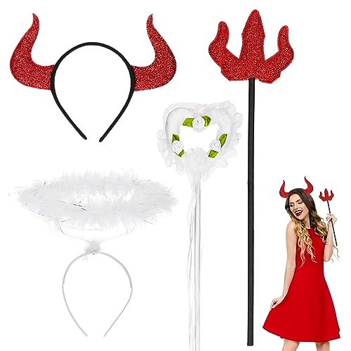 Vokmon Juego de 4 diademas con cuernos de ángel y diablo, varita mágica roja de diablo, banda de pelo de ángel en ángulo, juegos de cabezales, cuernos de diablo, banda para el pelo para Halloween,