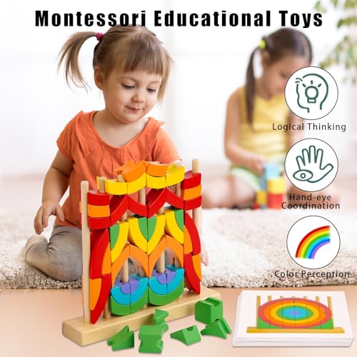 VORHOT 3D Anillos de Arcoíris Puzzle de Madera, Juguetes Montessori con 54 Piezas Coloridos Bloques de Construcción y Marco, Juegos Educativos, Regalo para Niños Niñas 3 4 5 6 Años