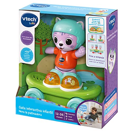 VTech - Gata interactiva Infantil Nora la Patinadora, Gatita para Montar en Skate Que Anima a seguirla, Juguete para bebés +12 Meses, Versión ESP