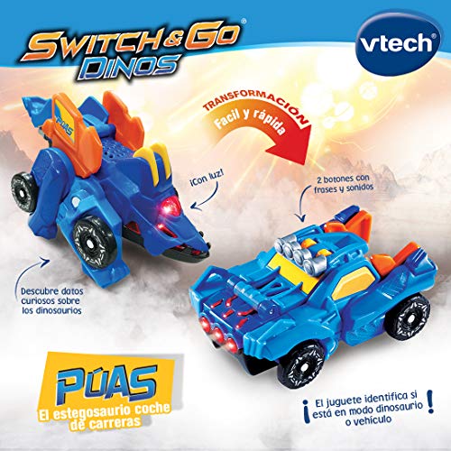 VTech - Switch&Go Dinos Púas el estegosaurio coche de carreras, Dinosaurios y figuras de acción, Juguete transformable 2 en 1 Dino-Car para niños +3 años, Versión ESP