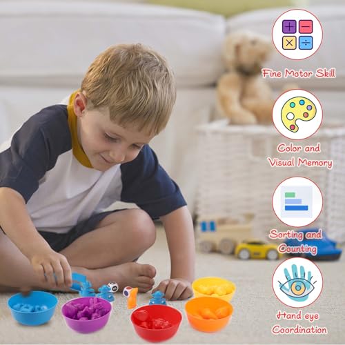 vvhippo Montessori Juguete Educativo, Juguetes para Niños Contar 36 Piezas Juego de Combinación de Contar matemáticas Montessori con Cuenco, Pinzas, Juguete para niños de 3 4 5 años