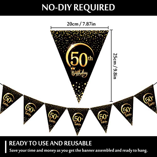 Whaline Banderines triangulares de 50 cumpleaños, color dorado, negro, con 20 banderas, guirnalda colgante de doble cara, para hombres y mujeres, ceremonias de cumpleaños, decoración de fiestas, 45 cm