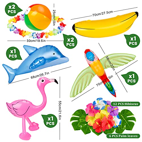 Whaline Juego de 31 juguetes hawaianos para fiestas inflables de flamencos, palmeras, bola de playa, plátano, delfín, loro con hojas de palma, hibisco, Leis Luau, piscina, suministros para fiestas