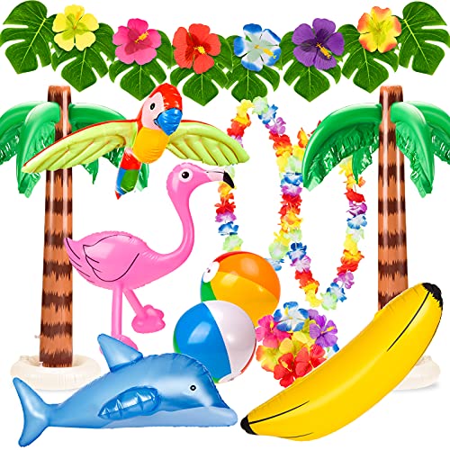 Whaline Juego de 31 juguetes hawaianos para fiestas inflables de flamencos, palmeras, bola de playa, plátano, delfín, loro con hojas de palma, hibisco, Leis Luau, piscina, suministros para fiestas