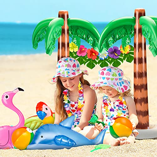 Whaline Juego de 31 juguetes hawaianos para fiestas inflables de flamencos, palmeras, bola de playa, plátano, delfín, loro con hojas de palma, hibisco, Leis Luau, piscina, suministros para fiestas