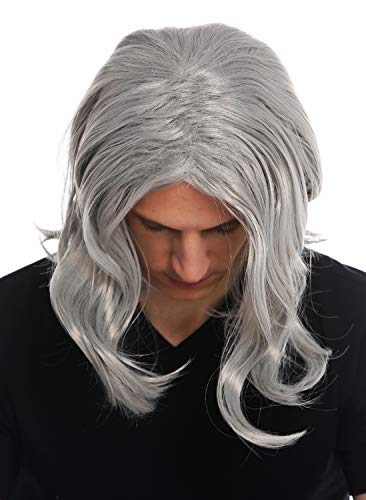 WIG ME UP- 3056-FR68A Peluca Carnaval Hombres Larga Raya en Medio Ondulada Gris Estrella del Rock Viejo Abuelo Cool