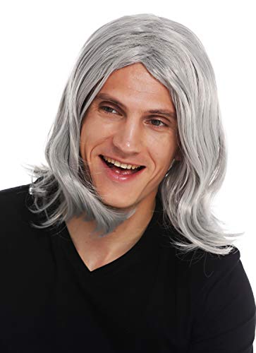 WIG ME UP- 3056-FR68A Peluca Carnaval Hombres Larga Raya en Medio Ondulada Gris Estrella del Rock Viejo Abuelo Cool