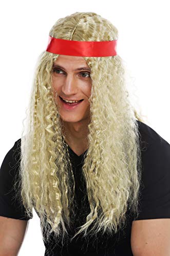 WIG ME UP- 31912-FR61 Peluca Carnaval Halloween Mujeres Hombres Cabello Largo Raya en Medio Cinta de Cabeza Hippie los 60 rizos crespos rubios