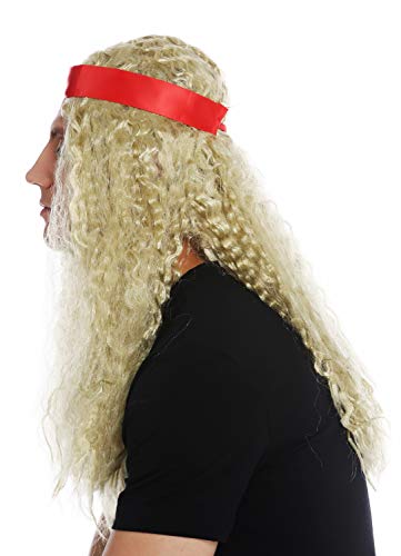 WIG ME UP- 31912-FR61 Peluca Carnaval Halloween Mujeres Hombres Cabello Largo Raya en Medio Cinta de Cabeza Hippie los 60 rizos crespos rubios