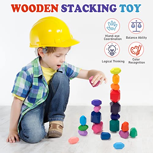 Wisplye Juguetes Apilables de Madera, 20 Piezas Juguetes de Apilamiento de Piedras de Colores, Juego Educativo Equilibrio Bloques de Construcción Montessori para Niños Niñas