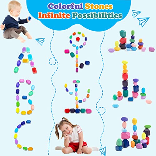Wisplye Juguetes Apilables de Madera, 20 Piezas Juguetes de Apilamiento de Piedras de Colores, Juego Educativo Equilibrio Bloques de Construcción Montessori para Niños Niñas
