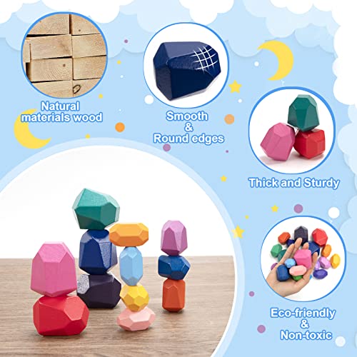 Wisplye Juguetes Apilables de Madera, 20 Piezas Juguetes de Apilamiento de Piedras de Colores, Juego Educativo Equilibrio Bloques de Construcción Montessori para Niños Niñas