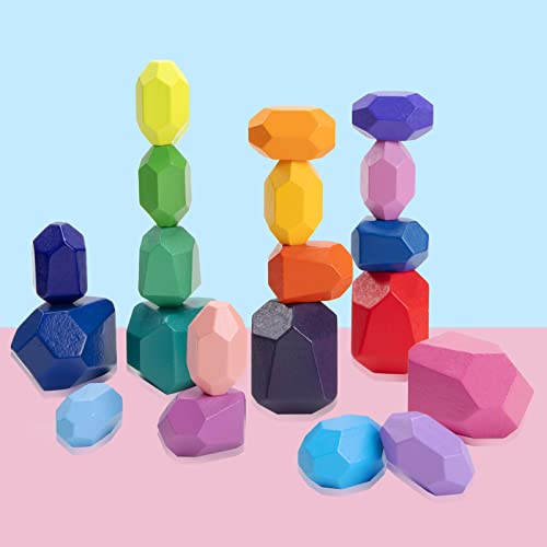 Wisplye Juguetes Apilables de Madera, 20 Piezas Juguetes de Apilamiento de Piedras de Colores, Juego Educativo Equilibrio Bloques de Construcción Montessori para Niños Niñas