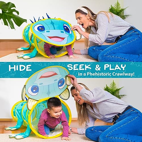 W&O Dash The Dinosaur - Túnel para niños – Túnel de juego extra largo de 5 pies para niños pequeños con innovadoras puertas ocultas, marco estable e interior acolchado – túnel para niños pequeños –