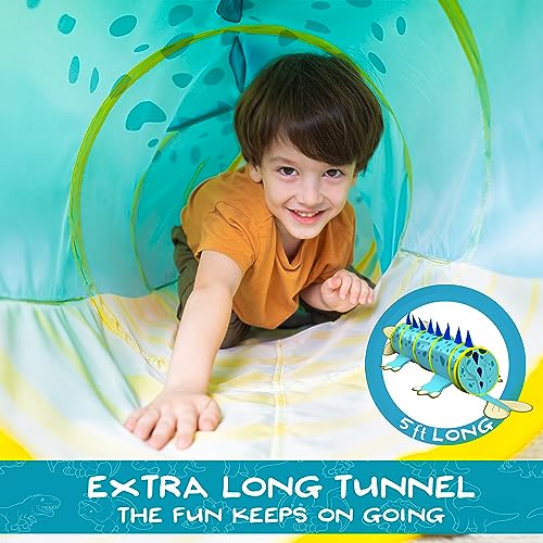 W&O Dash The Dinosaur - Túnel para niños – Túnel de juego extra largo de 5 pies para niños pequeños con innovadoras puertas ocultas, marco estable e interior acolchado – túnel para niños pequeños –