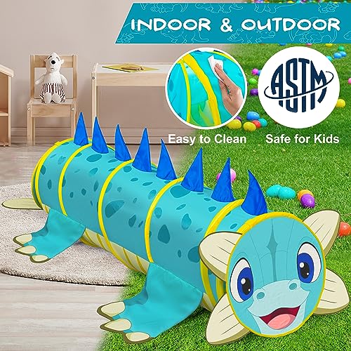 W&O Dash The Dinosaur - Túnel para niños – Túnel de juego extra largo de 5 pies para niños pequeños con innovadoras puertas ocultas, marco estable e interior acolchado – túnel para niños pequeños –