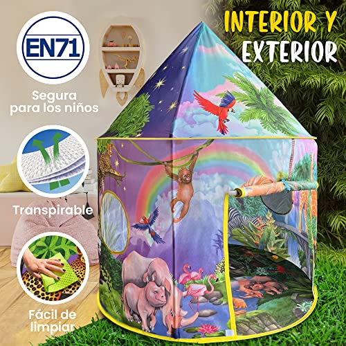 W&O Tienda de Campaña Jungla con Botón de Sonidos de la Jungla y Animales Salvajes – Casita Infantil de Tela para Interior y Exterior – Cabañas para Niños – Tienda de Campaña Infantil