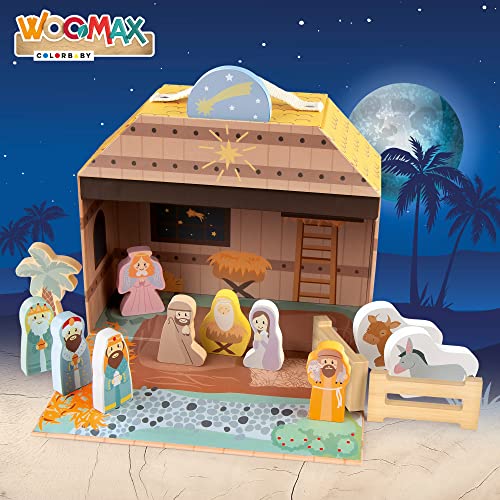 WOOMAX 49324 - Belén de madera niños, Nacimiento navidad, infantil, juguetes educativos, 15 piezas, +3 años