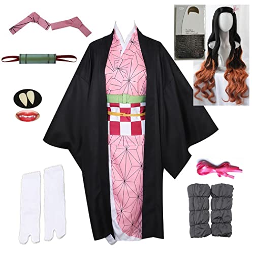 WPYY Anime japonés Demon Slayer Kamado Nezuko Cosplay, Kimono femenino, con funda de pelo de calcetín, peluca de uñas y dentadura postiza, disfraz de cosplay, Aldult, S