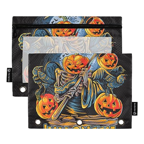 Wudan Angel Death - Estuche para lápices de 3 anillos de calabaza de Halloween, paquete de 2 estuches de plástico transparente impermeable con cremallera, bolsa de cosméticos, organizador de