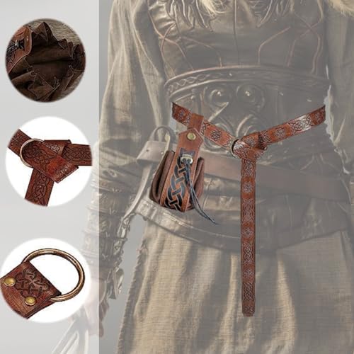 YEAPEAK Traje Nigromante De Halloween, Cinturón Medieval + Bolsa Vikinga De Cuero, Cinturón Medieval Vikingo, Ropa Medieval, Accesorios Medievales, Para Mago, Bruja, Accesorio Para Disfraz, 2 Pcs