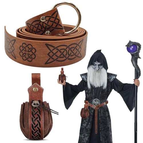 YEAPEAK Traje Nigromante De Halloween, Cinturón Medieval + Bolsa Vikinga De Cuero, Cinturón Medieval Vikingo, Ropa Medieval, Accesorios Medievales, Para Mago, Bruja, Accesorio Para Disfraz, 2 Pcs